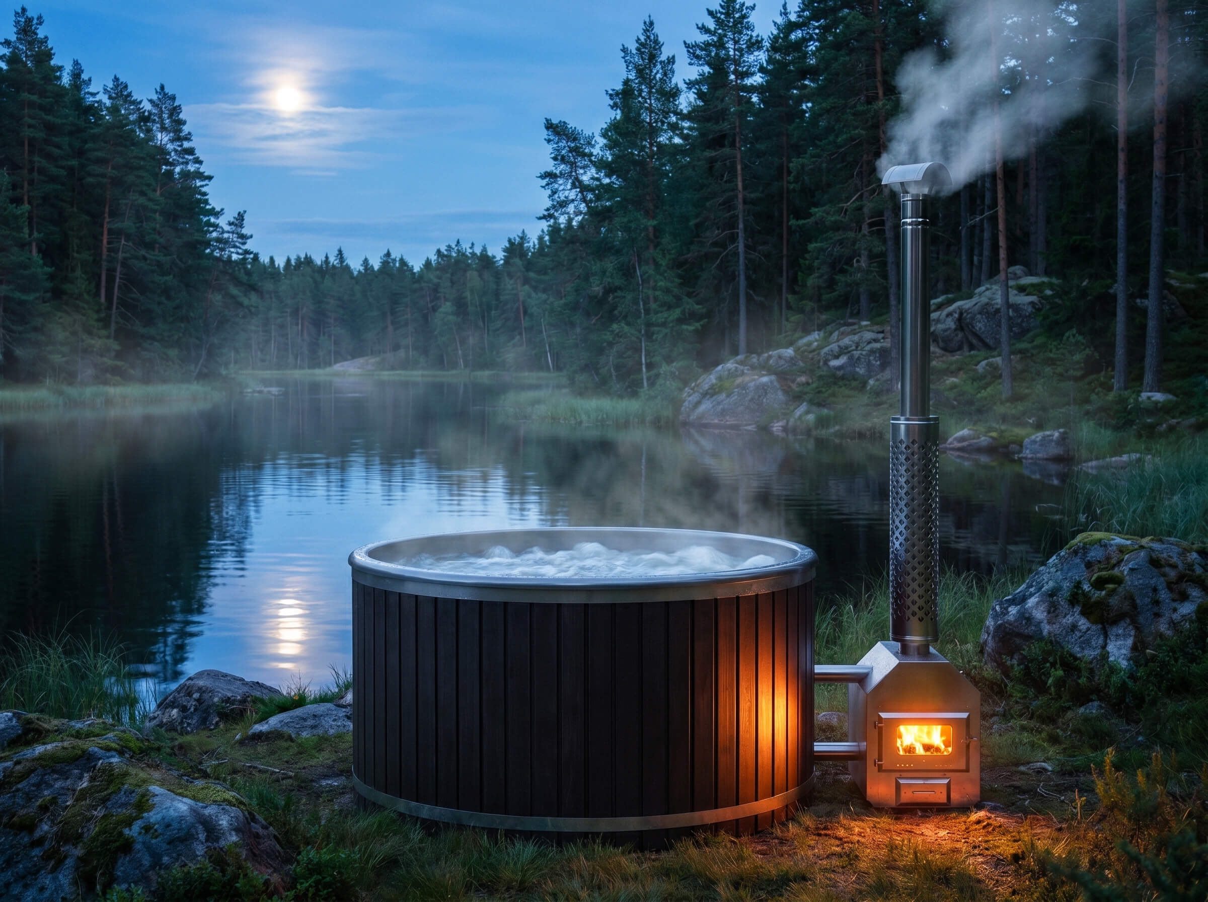 Hot tub beside a modern cabin at dusk