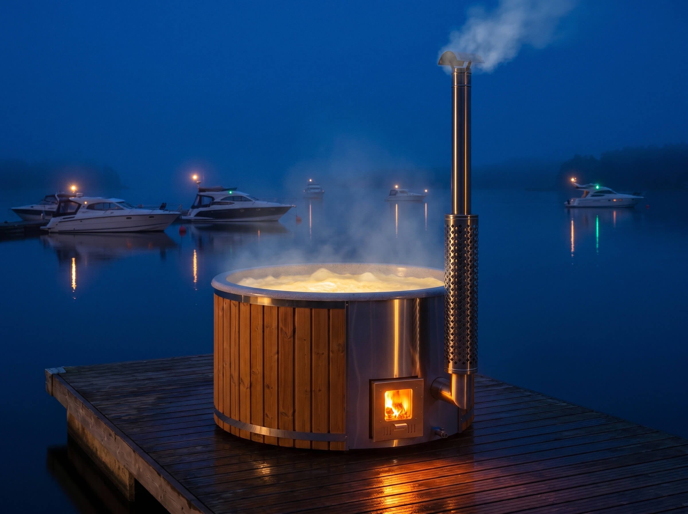 Hot tub by a moonlit lake